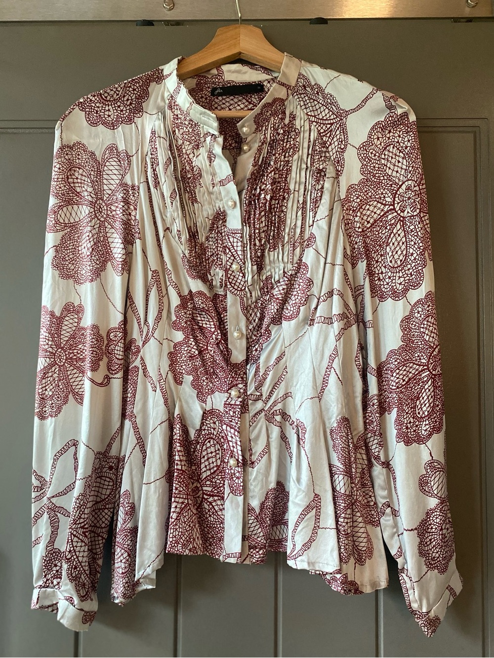 100% Silk Oyster Grey and Maroon Shirt with Pearl Buttons